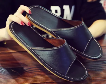 

Leather Slippers Men and Women Couple Home Non-slip Waterproof Breathable Scalp Slippers Home Casual Shoes Summer