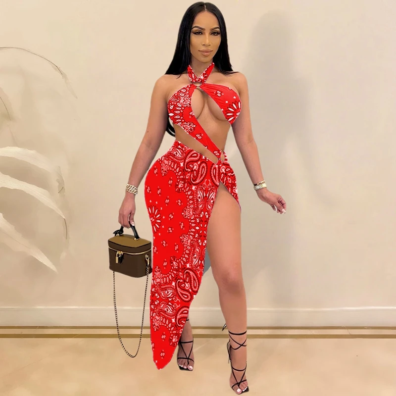 

Sexy Two Piece Outfits for Women Summer Beach Halter Bodycon Bodysuit + Side Slit Skirt Set Printed 2 Piece Women Matching Sets