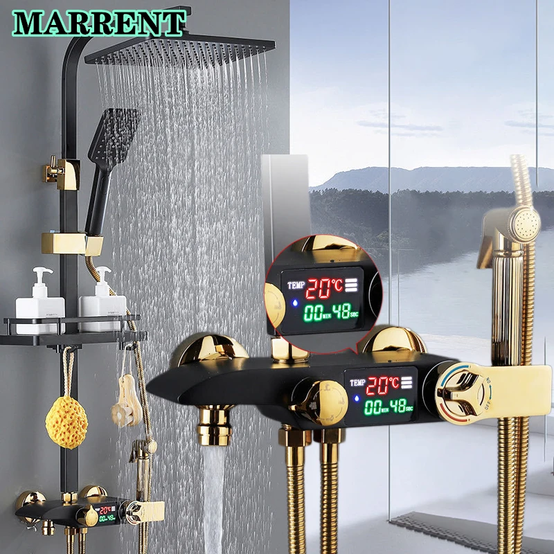 

Hot Cold Digital Bathroom Shower System Faucets MARRENT Solid Brass Bathtub Mixer Faucets Tap Thermostatic Bath Shower Set