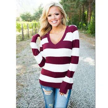 

2019 Autumn Pullover Womens Fashion V Neck Long Sleeve Pullover Casual Loose Blouse Jumper Striped Pullover Sweatshirt Warm Tops