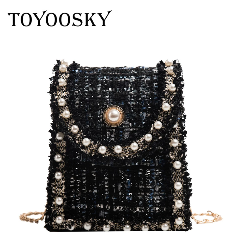 

TOYOOSKY Vintage Pearl Small Square Bag Woolen Purse Fashion Ladies Shoulder Bags For Women's Crossbody Messenger Bag Winter