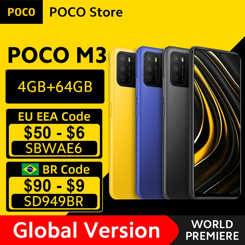 In Stock Global Version POCO M3 Smartphone Snapdragon 662 Octa Core 4GB RAM 64GB ROM 6000mAh Battery Mobile Phone 48MP Camera