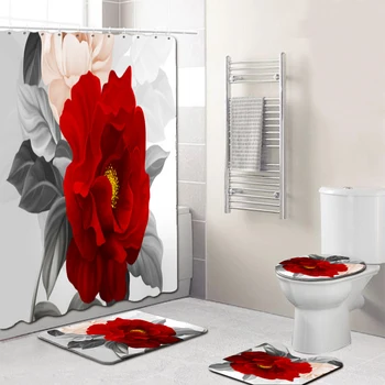 

4Pcs Flower Rose Bathroom Shower Curtain Toilet Cover Floor Waterproof Mat Rug Toilet Cover Foot Pad Set Bath Carpet Mats