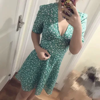 

Women Dress Spring Summer Green Floral V-Neck Short Sleeve Dress