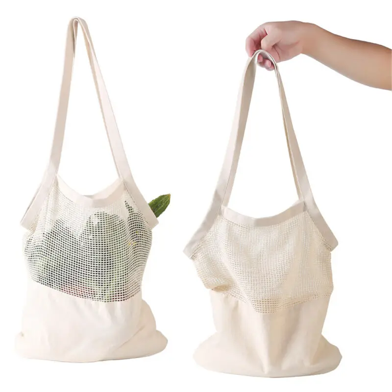 

Fashion Reusable Cotton Mesh Fruit Bag String Grocery Fruit Storage Shopping Bag Tote Mesh Net Woven Reusable Shopper