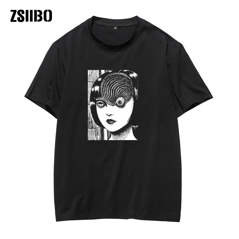 Харадзюку мужские манга Junji Ito футболки Shintaro Kago девушка футболки Топ дизайн с коротким рукавом эстетическое японское аниме футболка - Цвет: black1
