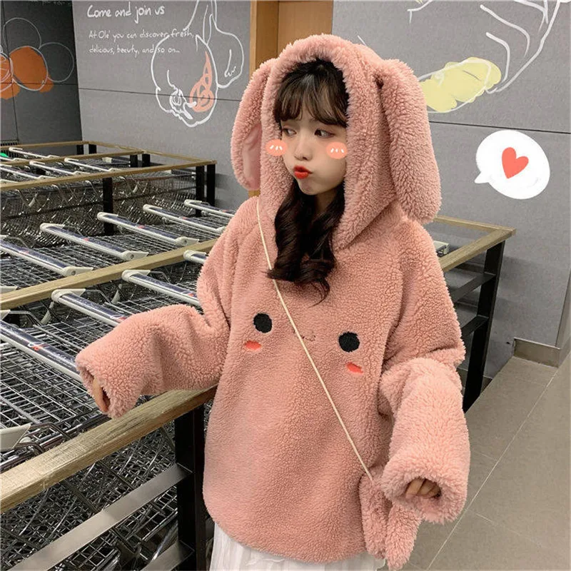Kawaii, женские толстовки с ушками, белые, розовые, свободные, теплые, с капюшоном, милая верхняя одежда, пальто, осенняя, с длинным рукавом, японская кофта для девочек
