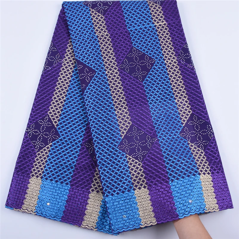 

New Arrival African Swiss Cotton Lace Fabric R Blue 5 Yards Swiss Voile Lace In Switzerland With Stones For Men Sewings F1685