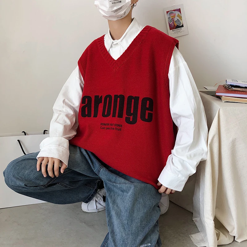 Autumn New Sweater Vest Men Fashion Letters Casual Knit Sweaters Vest Man Streetwear Loose Pullover Men Sweter Clothes M-2XL