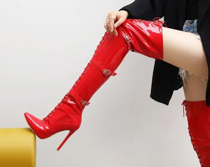 

Sexy Woman Red Black White Patent Leather Buckles Slim Over The Knee Boots Female Pointed Toe 12 cm Stiletto Heels Thigh Boots