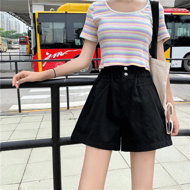 Quente do Vintage Calções Femininos Botão Largo Perna Chique Cintura Alta Solta Casual Branco Coreano Venda Menina Lazer Streetwear All-match Womens 19 Moda Feminina