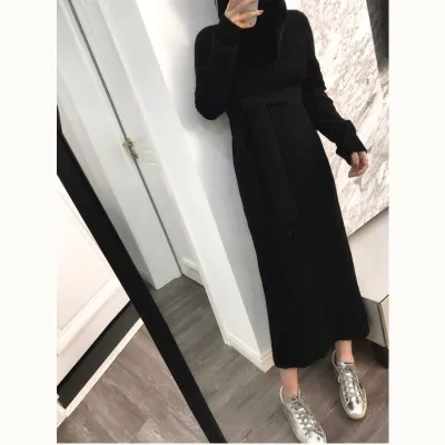Black turtleneck Новинка, женский свитер до колена, длинный, Осень-зима, водолазка,, теплый, вязаный, модное платье, рукав, теплый, брендовый, роскошный пуловер - Цвет: Black turtleneck