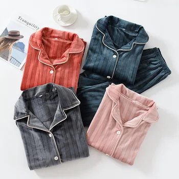 

High Quality Velvet Warm Winter Pajamas For Women Thick Striped Sleepwear Female Home Suit Plus Size Men Loungewear Homewear Set