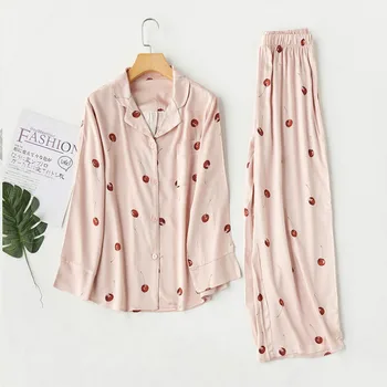 

2020 New High-end Satin Cherry Printing Pajamas Womens Long Sleeves Viscose Sleepwear Silk-like Sleep Set Home Clothes 2 Piece