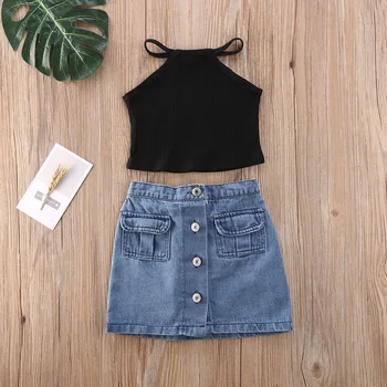 

Pudcoco Toddler Kids Baby Girls Clothes Set Black Crop Tops Denim Skirt Dress Summer 2020 New Outfit Set
