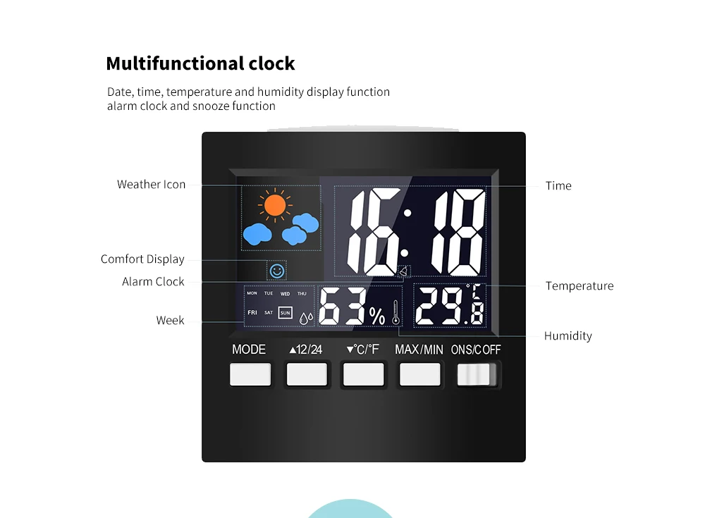 Многофункциональный погодные часы светодиодный Подсветка цветной экран Повтор голосовой активации Температура Влажность отображение даты настольные часы