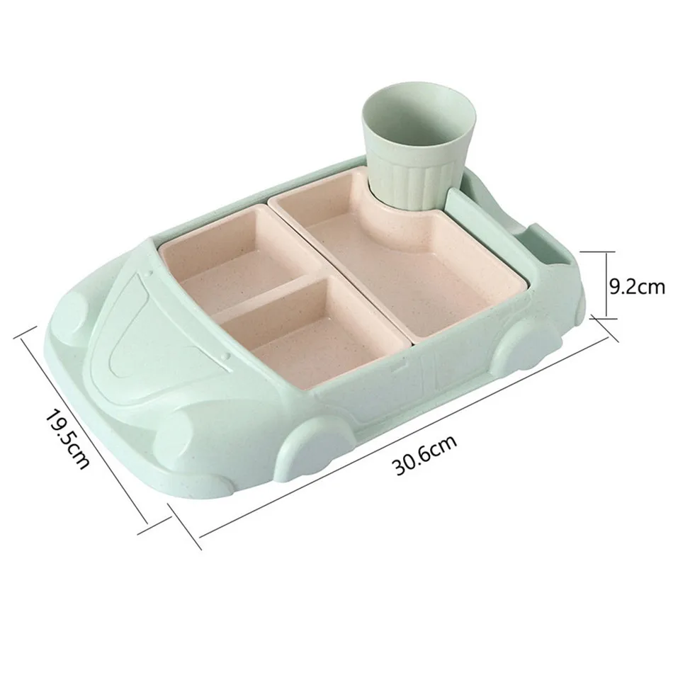 Green Creative Cartoon Car Plate Baby Dishes Set Bamboo Fiber Plate+Cup Sub-grid Bowl Children's Gift Tableware Set Feeding Dishes - Цвет: Green