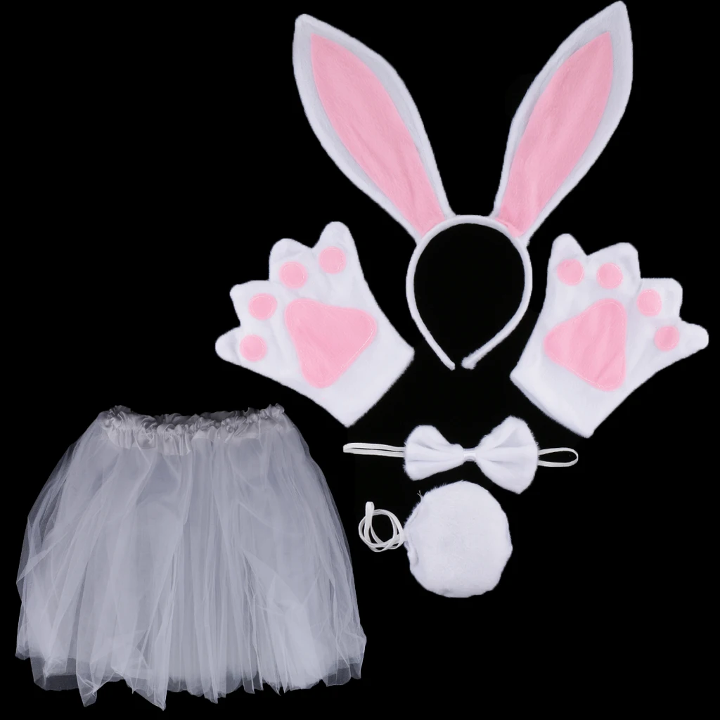 Easter Girls Women Birthday Pink White Rabbit Costume Set Ear Headband TUTU Skirt Bowtie Gloves Tail Fancy Dress Outfit