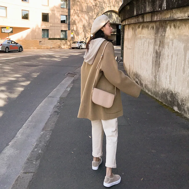 

Photo Shoot 2019 Autumn & Winter New Style Korean-style Camel Suit Collar Elegant Mid-length Wool Woolen Cloth Coat Women's