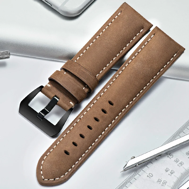 

Luxury Watchband 24mm 26mm Crazy Horse Leather Watch Strap Replacement Belt Black Buckle