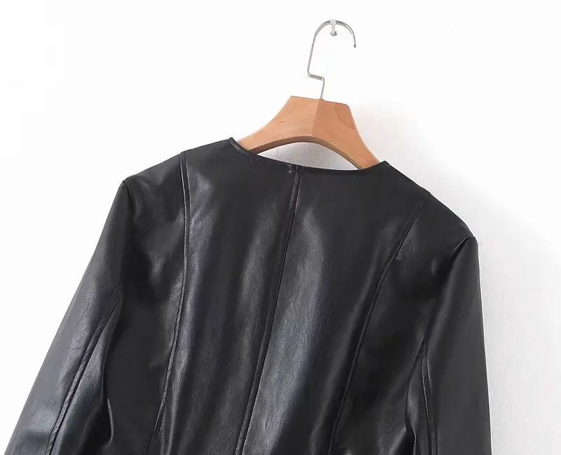 WT929 европейский дизайн с круглым вырезом тонкая талия боковая молния деко черный цвет pu кожаная куртка женская шикарная куртка