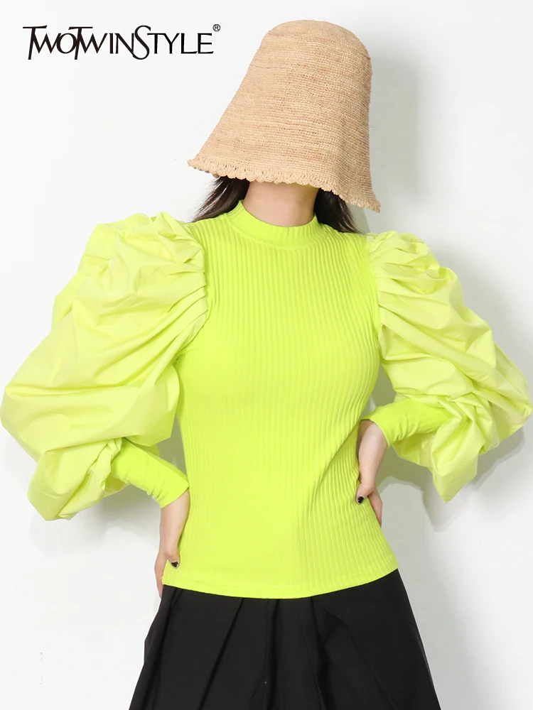 TWOTWINSTYLE Causal Patchwork Knitting Ruched Women's Sweaters O Neck Lantern Long Sleeve Sweater For Female Fashion Clothes New | Женская