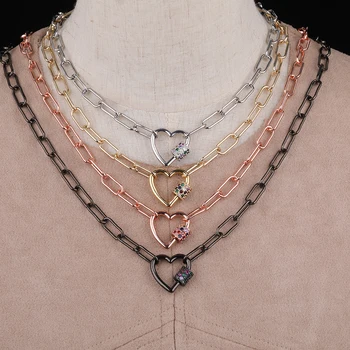 

3Pcs/Lot Rainbow Zirconia Heart Lock Clasps Necklace Rose Gold Gun Black Metal Chains Buckle Pendant Necklace Long 18 Inch