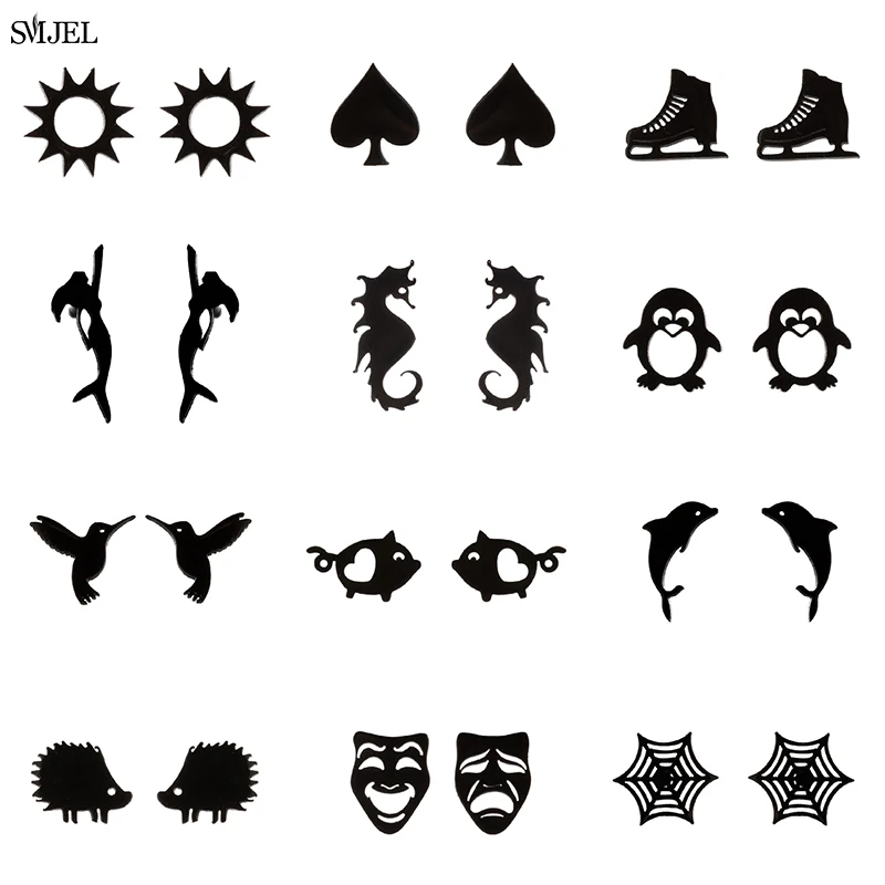 Orecchini In Cartone Animato In Acciaio Inossidabile 100% Per Le Donne Punk Black Happy Face Hedgehog Whale Pig Orecchino Colibrì Sun Ear Jewelry
