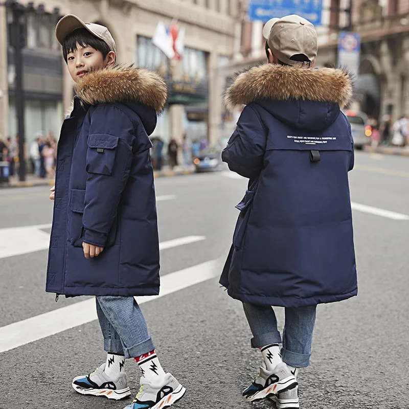 Children's down jacket boy mid long new Korean version boy baby thickened large wool collar coat wholesale