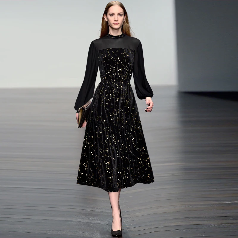 

Runway Dress Designers 2019 Autumn Winter Mesh Long Sleeve Black Velvet Dress Splice Sequin Stars Elegant A-Line Dress Female
