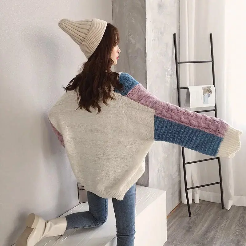 Neploe Loose Crazy Style Contrast Color Patch Pull Femme Hiver V Neck Long Sleeve Pullover Knit Bottom Jersey Winter sweater