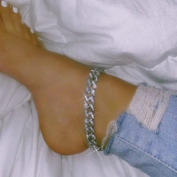 

StoneFans Iced Out Cuban Link Rhinestone Anklet Chain for Women Simple Charm Circle Foot Bracelet Beach Girl Jewelry