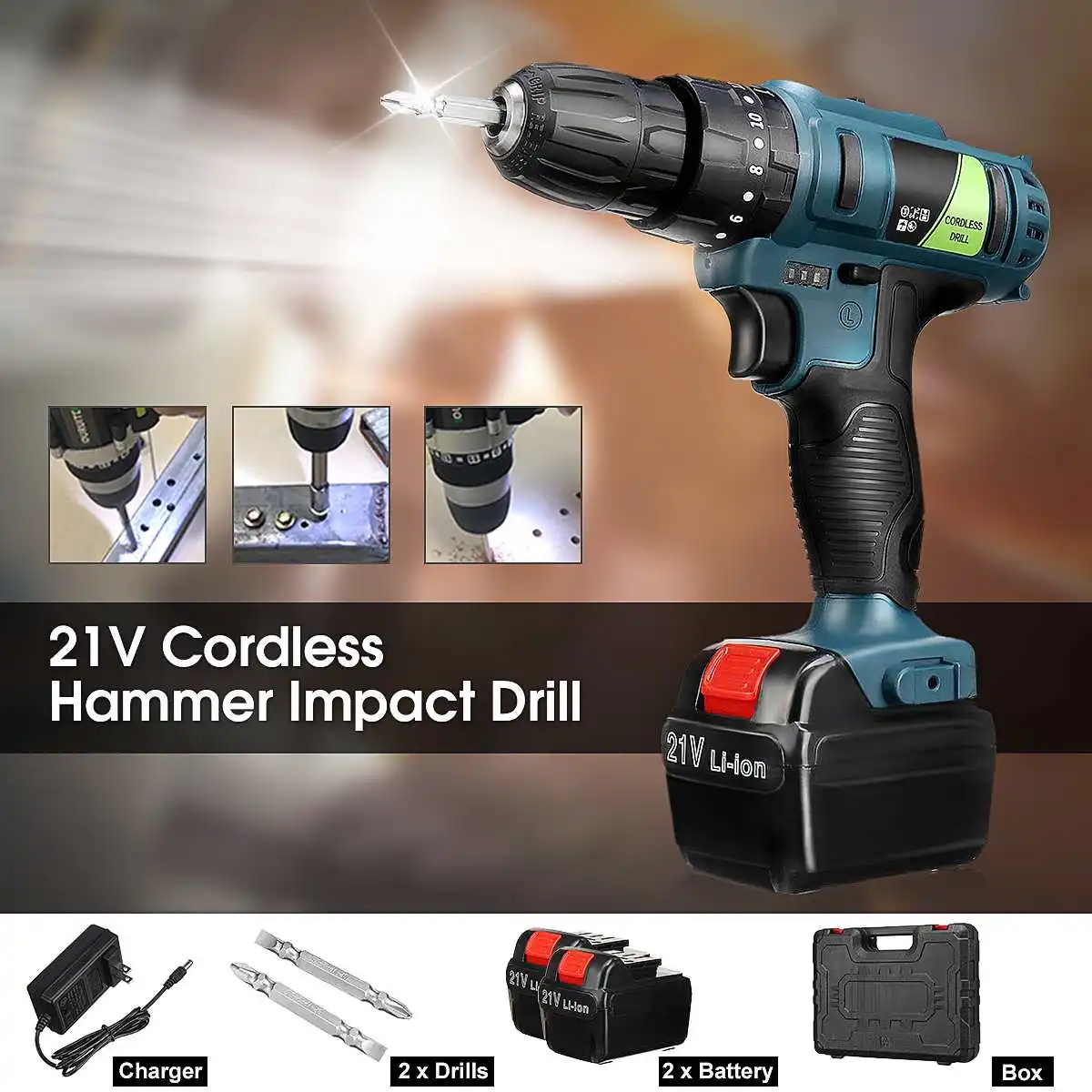 

21V Impact Drill Electric Screwdriver Rechargeable Electric Hand drill Cordless Hammer Drill Home DIY Tools 2 Battery