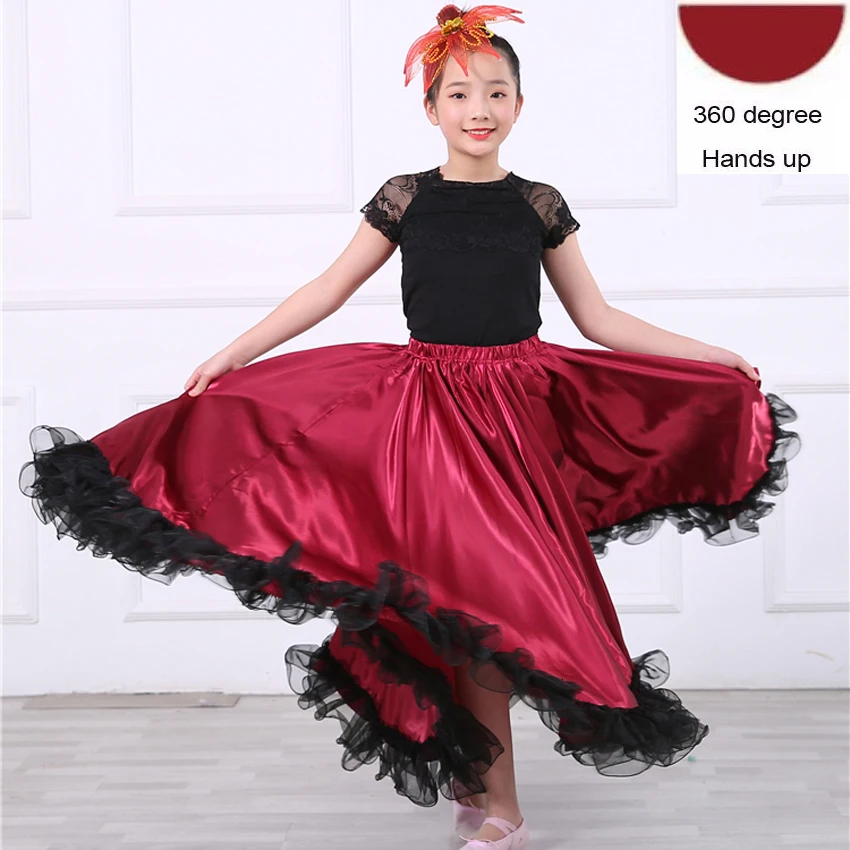 Wine red 360 degree Одежда для командной сцены, танцевальная юбка для танцев, детская юбка для девочек, гипюровый фламенко, роскошные кружевные костюмы высокого качества для бальных танцев - Цвет: Wine red 360 degree
