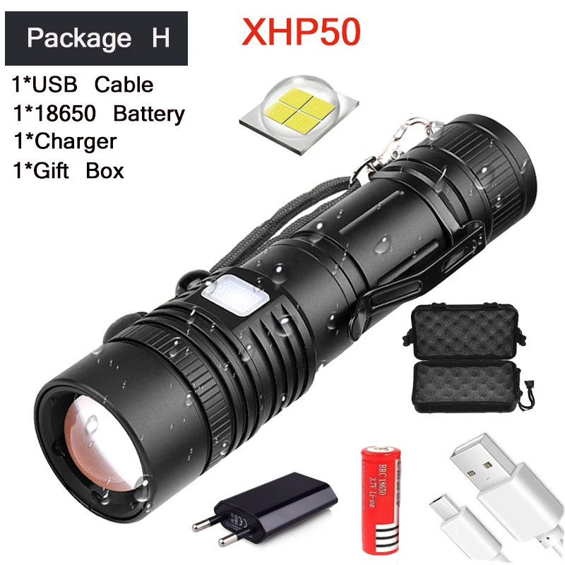 6000LM супер яркий XHP50 светодиодный вспышка светильник USB Перезаряжаемый светильник с переменным фокусным расстоянием вспышка светильник T6 фонарь с 18650 батарея - Испускаемый цвет: Package H