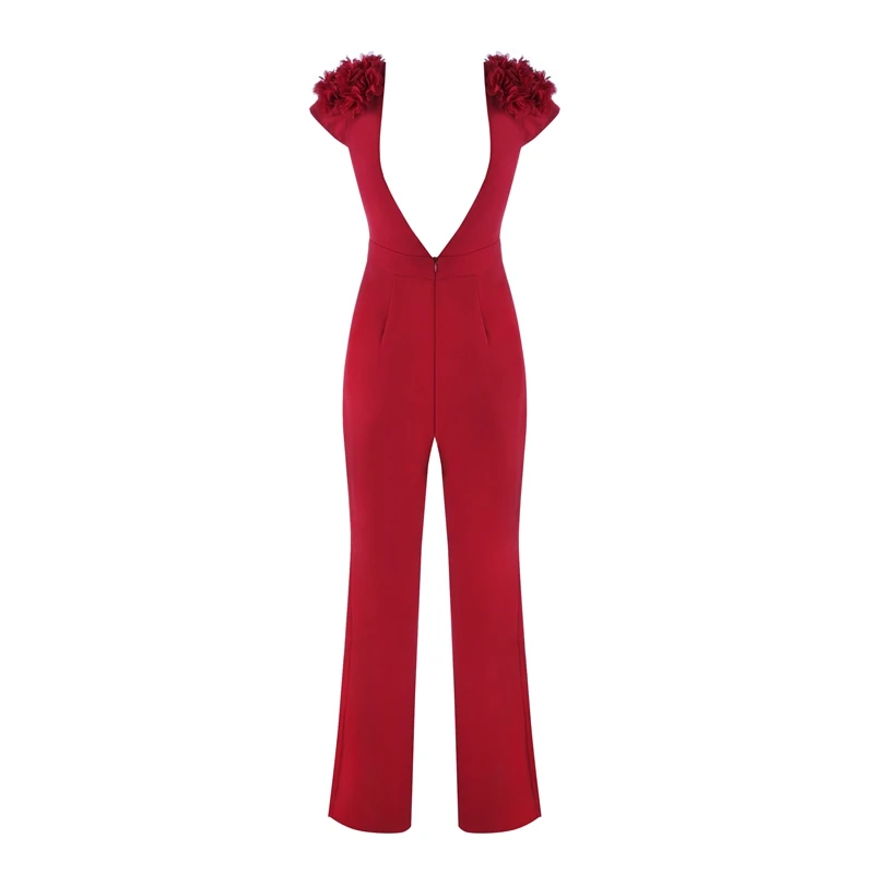 Fashion Wine Red Short Sleeve Polyester Jumpsuit Backless Sexy Women Celebrity Flower Evening Party Jumpsuits