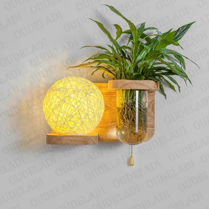 B With switch Nordic minimalist interior with switch green plant solid wood aisle decorative balcony bedside lamp E27 wall lamp - Цвет абажура: B With switch