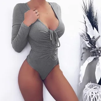 

Women's Sexy Solid Lace Up Bodysuit Ladies Long Sleeve O-Neck Casual Rompers Female Fashion Autumn Winter Skinny Jumpsuit