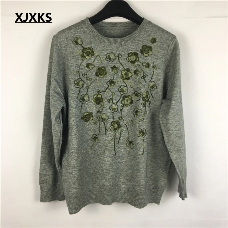 XJXKS New Fashion Women Sweater Emboridery Women Wool-blends Knitwear Jumper Knitted Sweater Women Sweaters And Pullovers