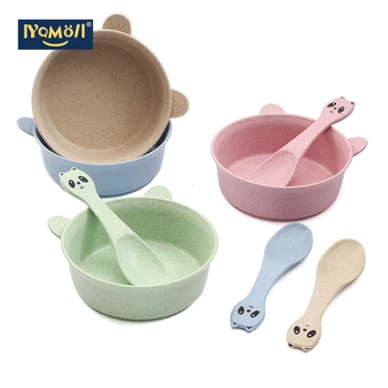 

2Pcs/set Wheat Straw Baby Feeding Food Tableware Cartoon Panda Kids Dishes Baby Eating Dinnerware Set Baby Training Bowl Spoon
