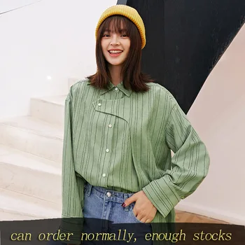 

LANMREM can ship Fashionable Design famale Long Sleeve Stripe Shirt 2020 spring new Green Loose sweatwear Tops casual YH938