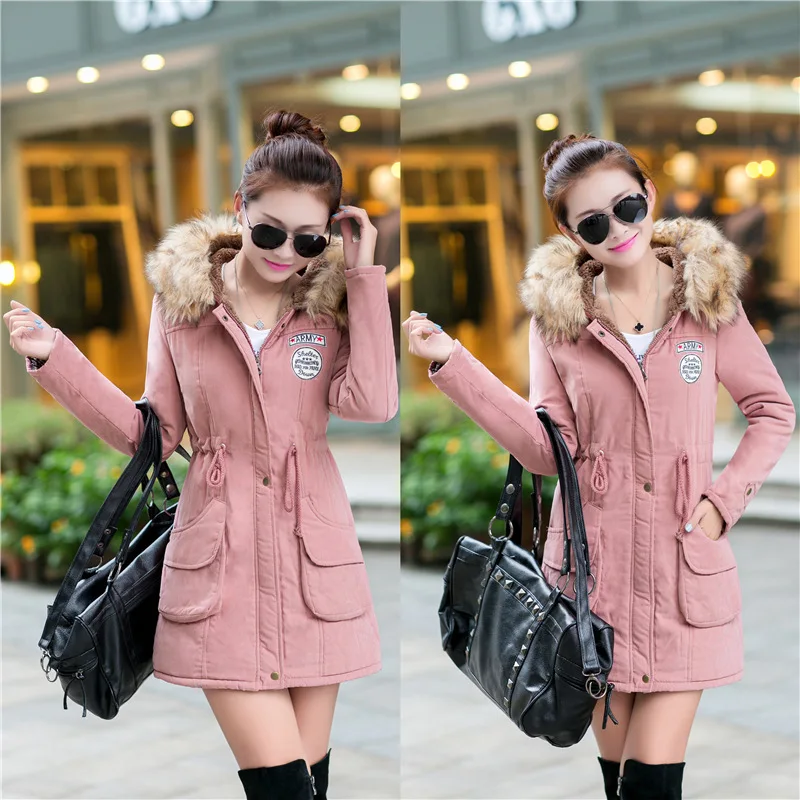 

AliExpress Winter Hot Selling Large Fur Collar Hooded Mid-length Waist Hugging Military Coat plus Velvet Cotton-padded Clothes W