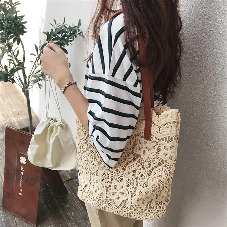2021 New Summer Chic Girl Lace Shoulder Bag With Liner Package Women Handbag Female Tote Bags Big Capacity Foldable Beach Bag