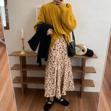 

Female Korean Vintage Elegant Corduroy Fishtail Skirt Harajuku Women Spring Autumn High Waist Floral Print Slim A-line Skirts