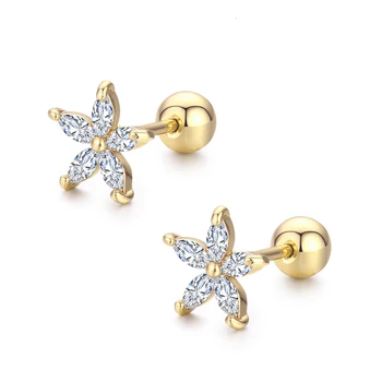 

7Colors Cute Five Petals CZ Stones Flower Screw Back Stud Earrings For Women Baby Kids Girls Gold Color Piercing Jewelry Aros