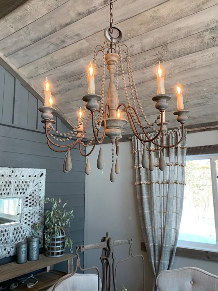 chandelier light Vintage white wooden beads chandelier lighting foyer suspension lustre retro elegant chandelier beautiful lobby light loft decor glass chandelier