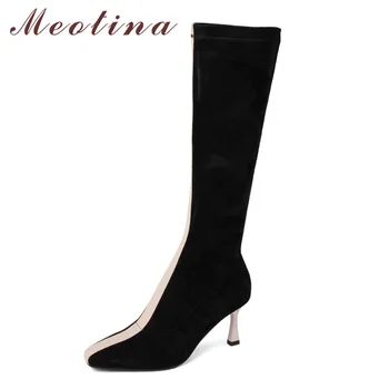 

Meotina Genuine Leather High Heel Knee-High Boots Women Shoes Square Toe Stiletto Heels Ladies Long Boots Autumn Black Beige 39
