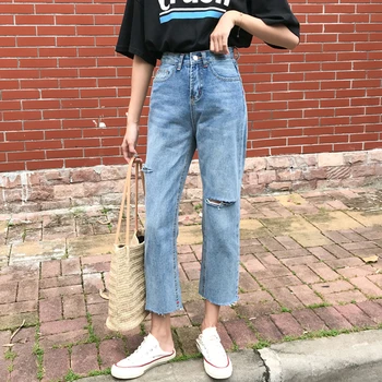 

Vintage High Waist Ripped Jeans For Women 2020 Summer Hole Blue Denim Harem Pants Jeans For Female Pantalon Femme New Fashion