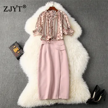

2020 New Summer Designer Skirt Set for Women Matching Sets Elegant Polka Dot Print Two Piece Top and Skirts Office Suit Sets