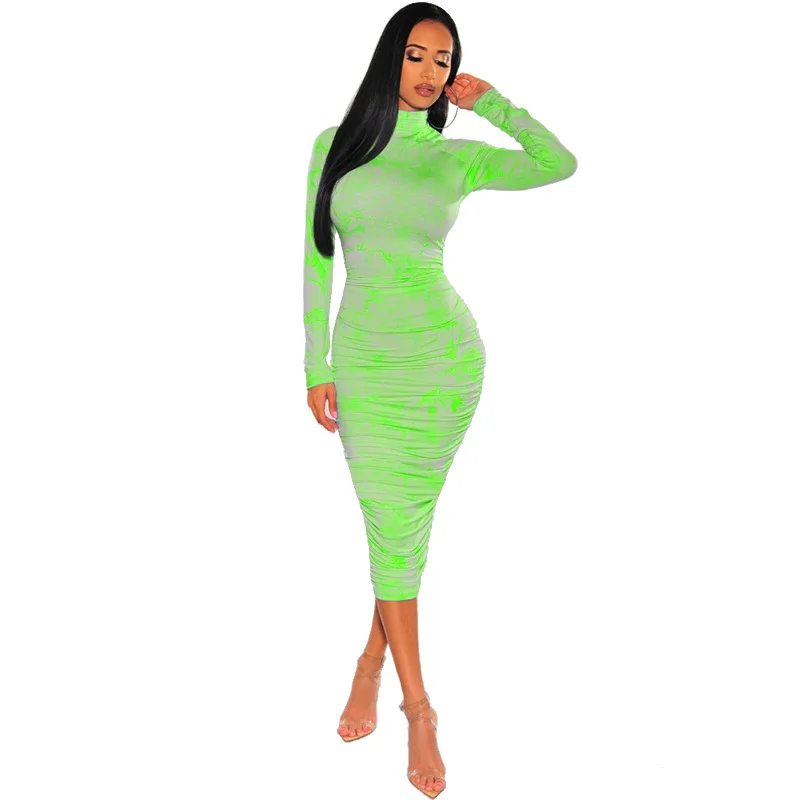 

2020 New Summer Spring Plus Size Women's Sexy Body-con Print Full Sleeve Skinny Maxi Dress Turtleneck Night Club Party Dresses